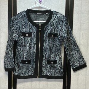Michael Simon Sheer Mesh Paillette Sequin Covered Bomber Jacket Black Grey S